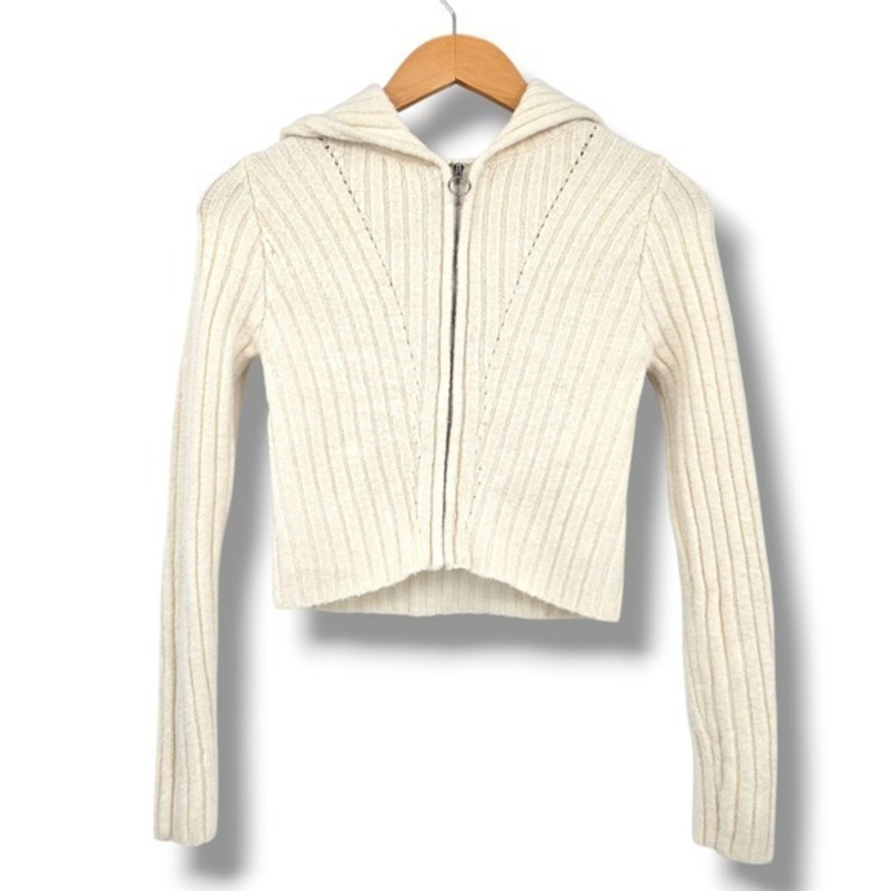 Happily Grey‎ Size XS Cream Knit Ribbed Full Zip Up Hoodie Sweater Fuzzy